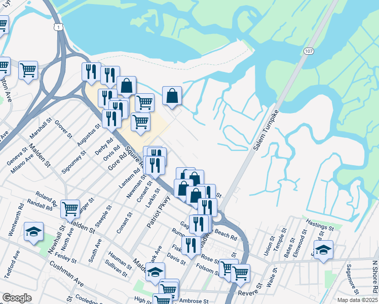 map of restaurants, bars, coffee shops, grocery stores, and more near 135 Ward Street in Revere