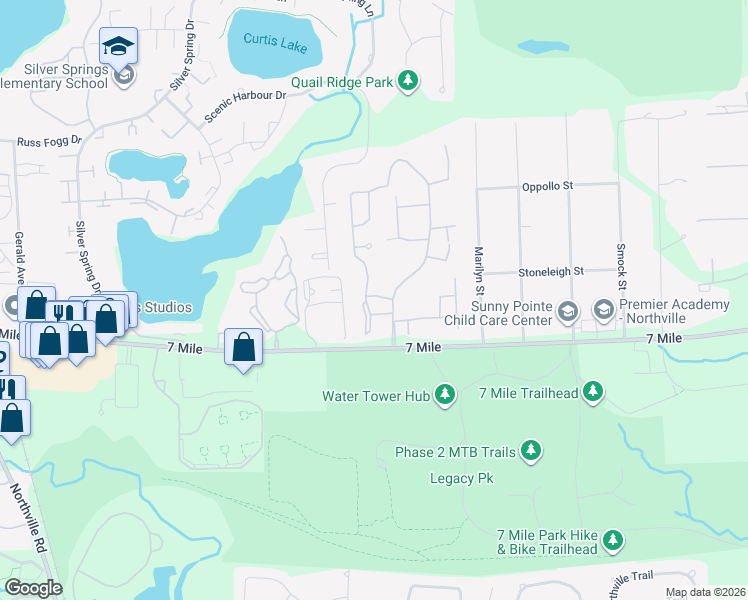 map of restaurants, bars, coffee shops, grocery stores, and more near 19143 Surrey Lane in Northville