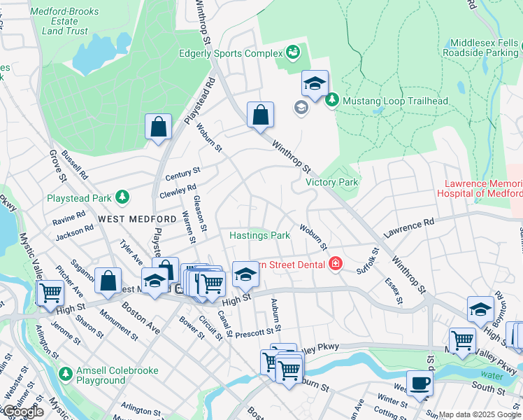 map of restaurants, bars, coffee shops, grocery stores, and more near 138 Woburn Street in Medford