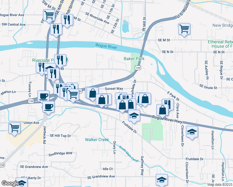 map of restaurants, bars, coffee shops, grocery stores, and more near 1406 Florence Lane in Grants Pass