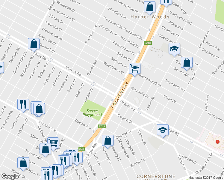 map of restaurants, bars, coffee shops, grocery stores, and more near 20705 Moross Road in Detroit