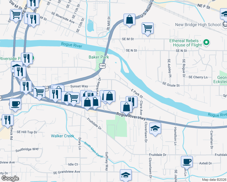 map of restaurants, bars, coffee shops, grocery stores, and more near 1322A Golden Park Drive in Grants Pass