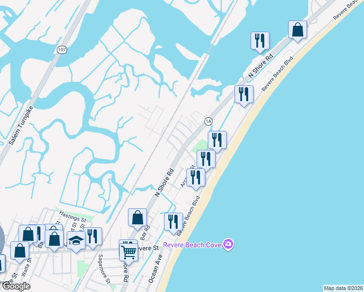 map of restaurants, bars, coffee shops, grocery stores, and more near 12 Alice Street in Revere