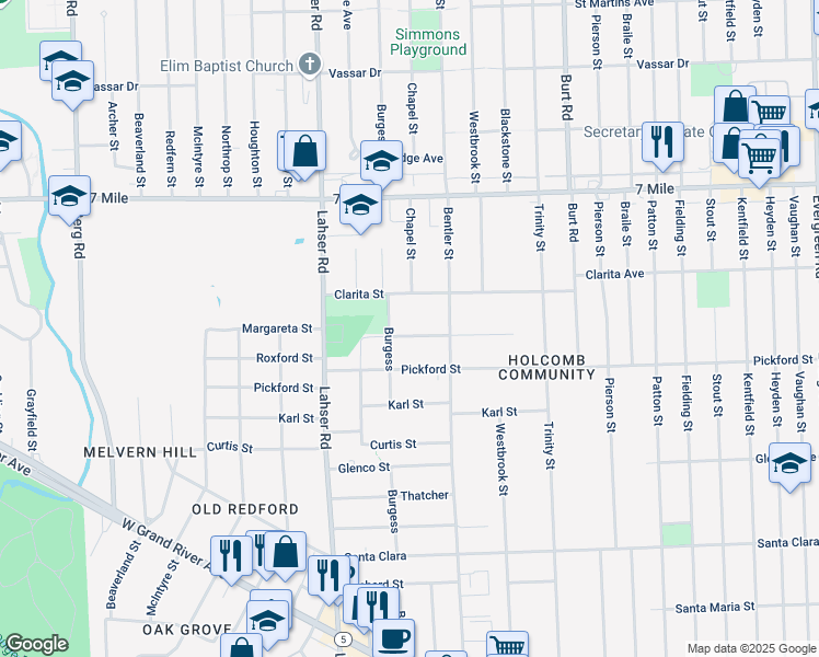 map of restaurants, bars, coffee shops, grocery stores, and more near 21465 Clarita Street in Detroit