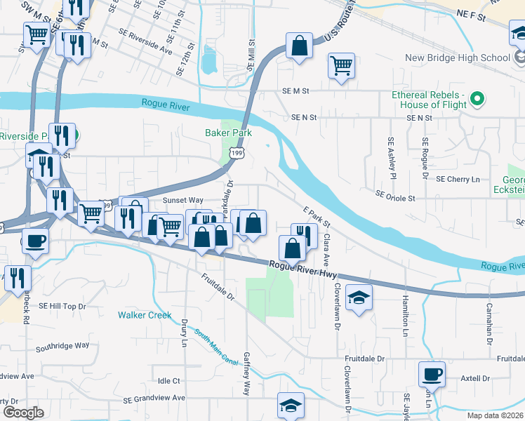 map of restaurants, bars, coffee shops, grocery stores, and more near 1322A Golden Park Drive in Grants Pass