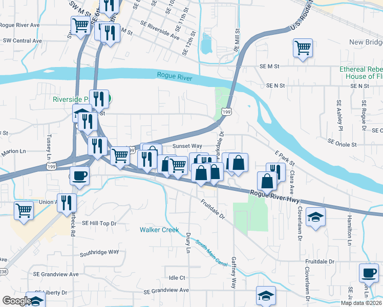 map of restaurants, bars, coffee shops, grocery stores, and more near 600 Sunset Way in Grants Pass