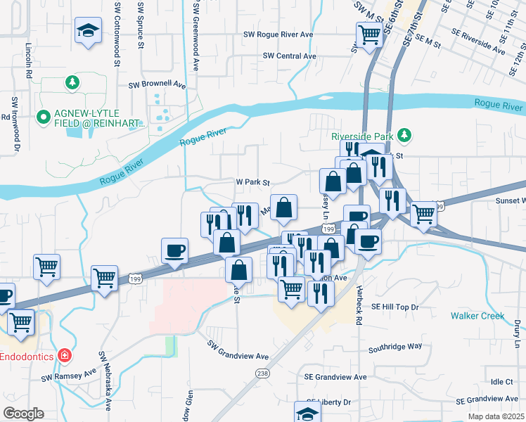 map of restaurants, bars, coffee shops, grocery stores, and more near 424 Marion Lane in Grants Pass