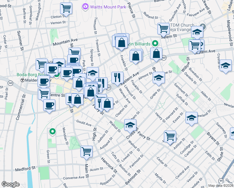 map of restaurants, bars, coffee shops, grocery stores, and more near 247 Eastern Avenue in Malden