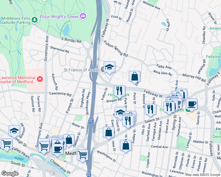 map of restaurants, bars, coffee shops, grocery stores, and more near in Medford