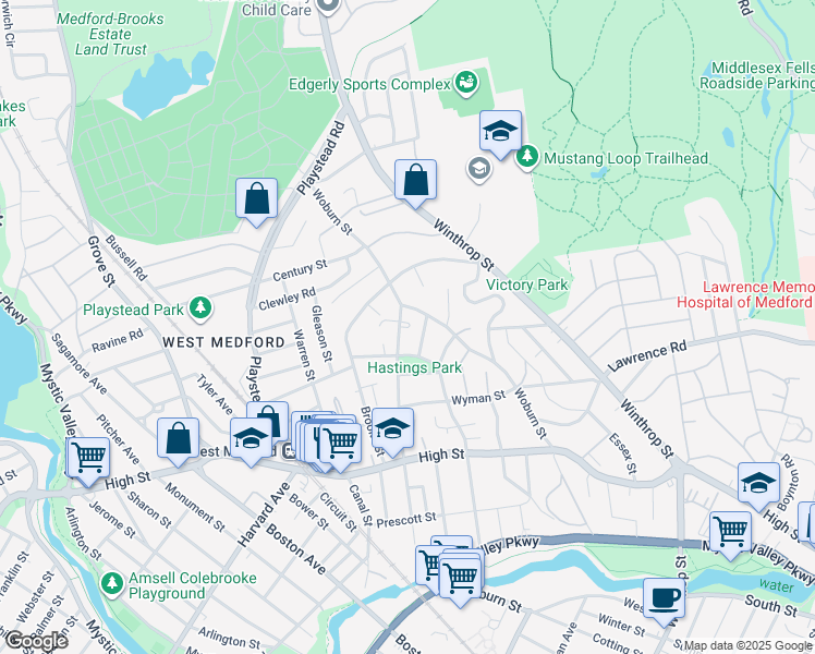 map of restaurants, bars, coffee shops, grocery stores, and more near 138 Woburn Street in Medford