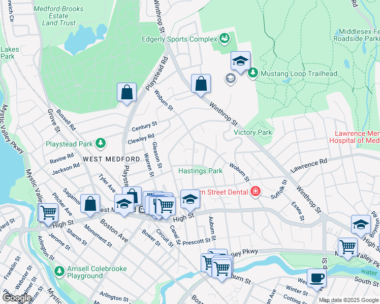 map of restaurants, bars, coffee shops, grocery stores, and more near 125 Brooks Street in Medford