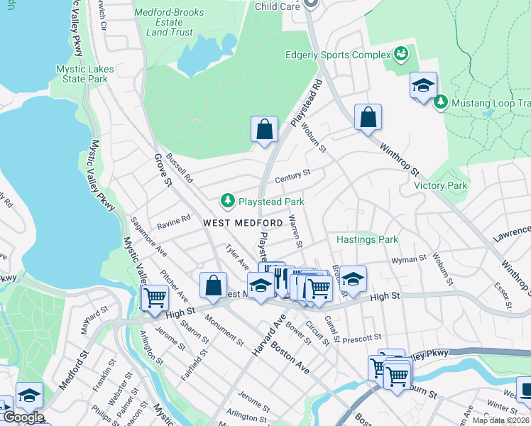 map of restaurants, bars, coffee shops, grocery stores, and more near 115 Playstead Road in Medford