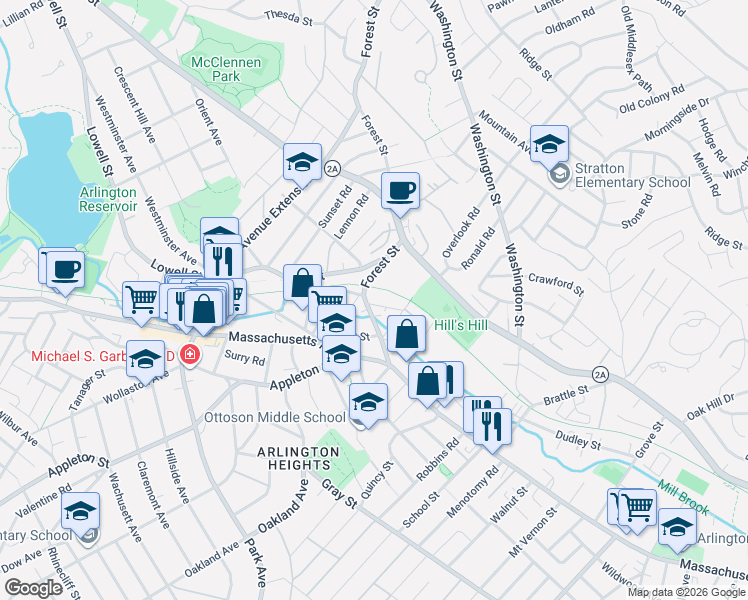 map of restaurants, bars, coffee shops, grocery stores, and more near 81 Forest Street in Arlington