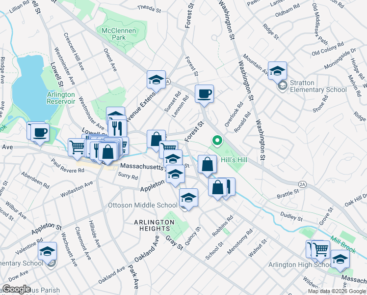 map of restaurants, bars, coffee shops, grocery stores, and more near 30 Bow Street in Arlington
