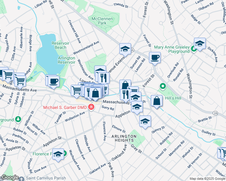 map of restaurants, bars, coffee shops, grocery stores, and more near 78 Bow Street in Arlington
