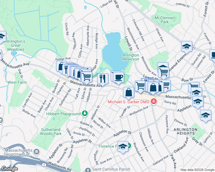 map of restaurants, bars, coffee shops, grocery stores, and more near 18 Drake Road in Arlington