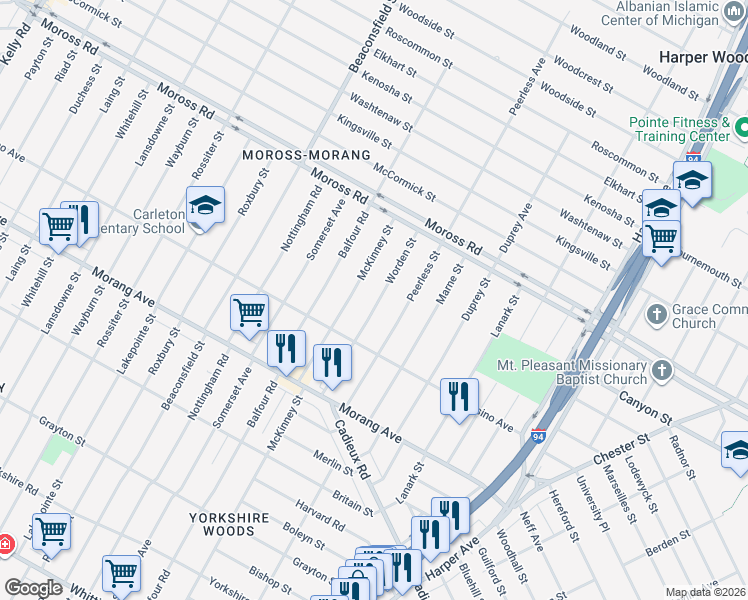 map of restaurants, bars, coffee shops, grocery stores, and more near 11053 Worden Street in Detroit