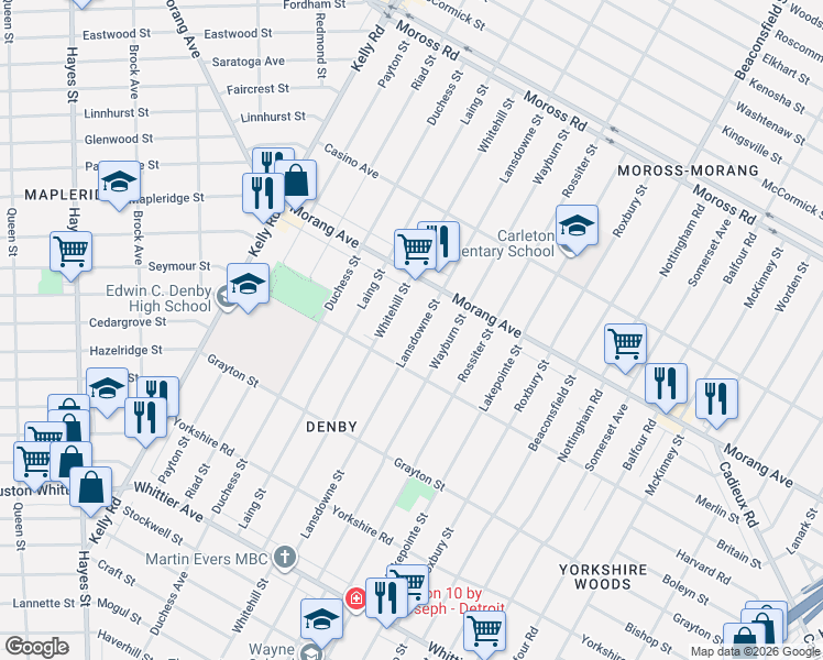 map of restaurants, bars, coffee shops, grocery stores, and more near 11931 Lansdowne Street in Detroit