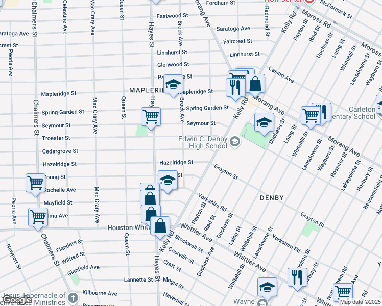map of restaurants, bars, coffee shops, grocery stores, and more near 15429 Cedargrove Street in Detroit