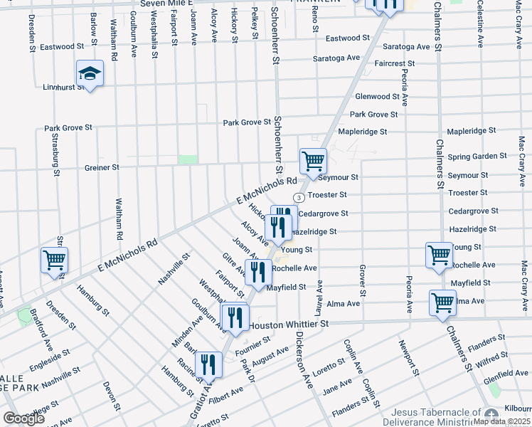 map of restaurants, bars, coffee shops, grocery stores, and more near 13430 East McNichols Road in Detroit