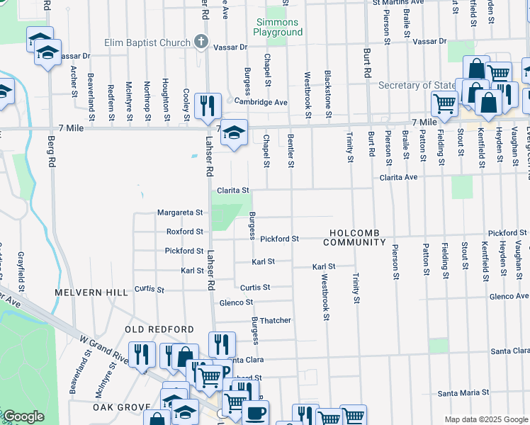 map of restaurants, bars, coffee shops, grocery stores, and more near 21465 Clarita Street in Detroit