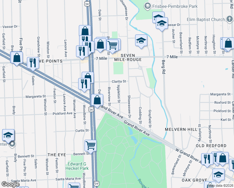 map of restaurants, bars, coffee shops, grocery stores, and more near 18601 Appleton Street in Detroit