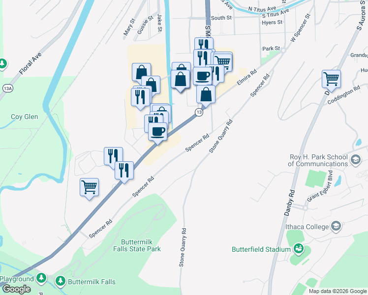 map of restaurants, bars, coffee shops, grocery stores, and more near 321 Elmira Road in Ithaca