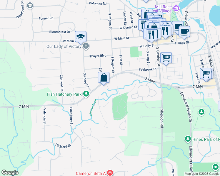 map of restaurants, bars, coffee shops, grocery stores, and more near 525 Fairbrook Street in Northville