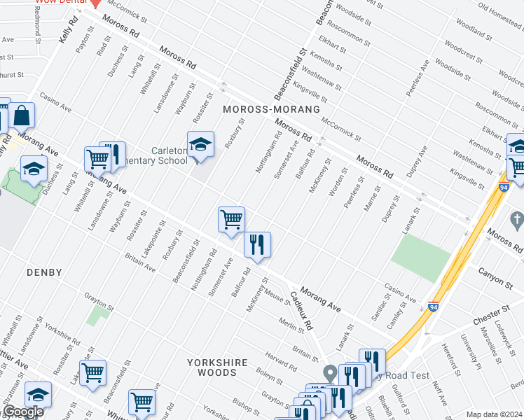 map of restaurants, bars, coffee shops, grocery stores, and more near 11410 Somerset Avenue in Detroit