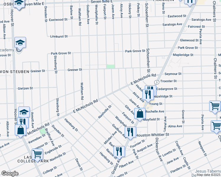 map of restaurants, bars, coffee shops, grocery stores, and more near 17131 Gitre Avenue in Detroit