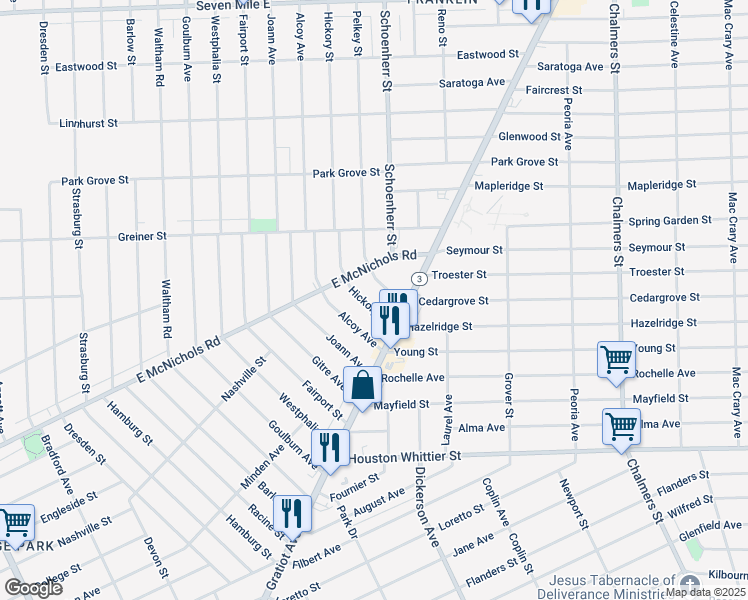 map of restaurants, bars, coffee shops, grocery stores, and more near 13430 East McNichols Road in Detroit