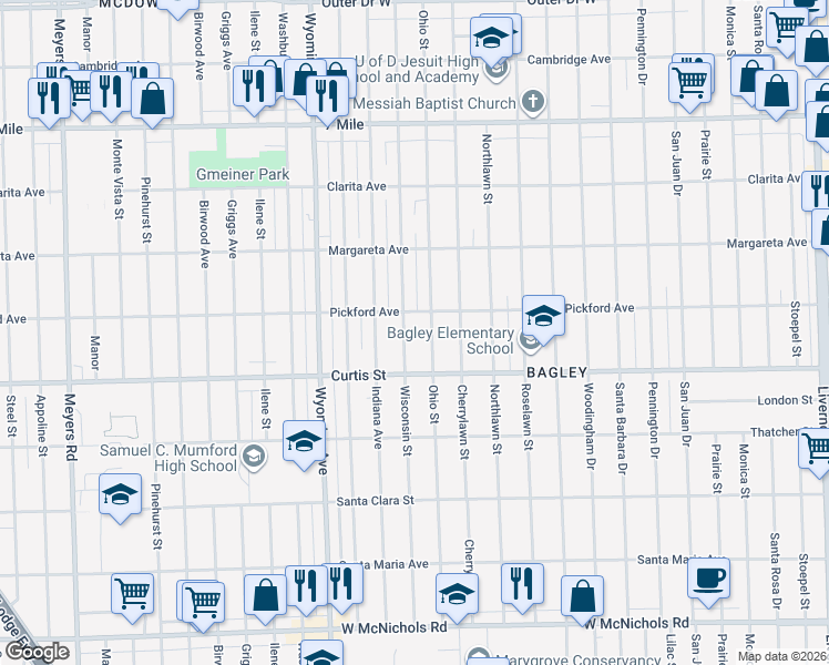 map of restaurants, bars, coffee shops, grocery stores, and more near 18314 Wisconsin Street in Detroit