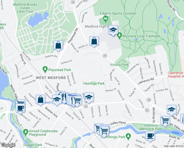 map of restaurants, bars, coffee shops, grocery stores, and more near 163 Allston Street in Medford