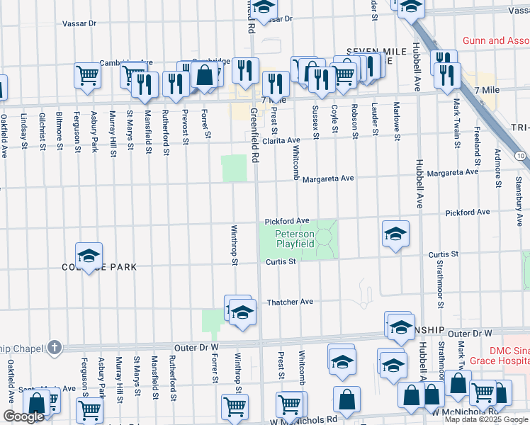 map of restaurants, bars, coffee shops, grocery stores, and more near 18432 Greenfield Road in Detroit