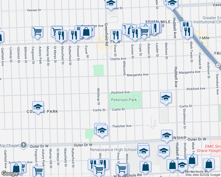 map of restaurants, bars, coffee shops, grocery stores, and more near 18470 Greenfield Road in Detroit