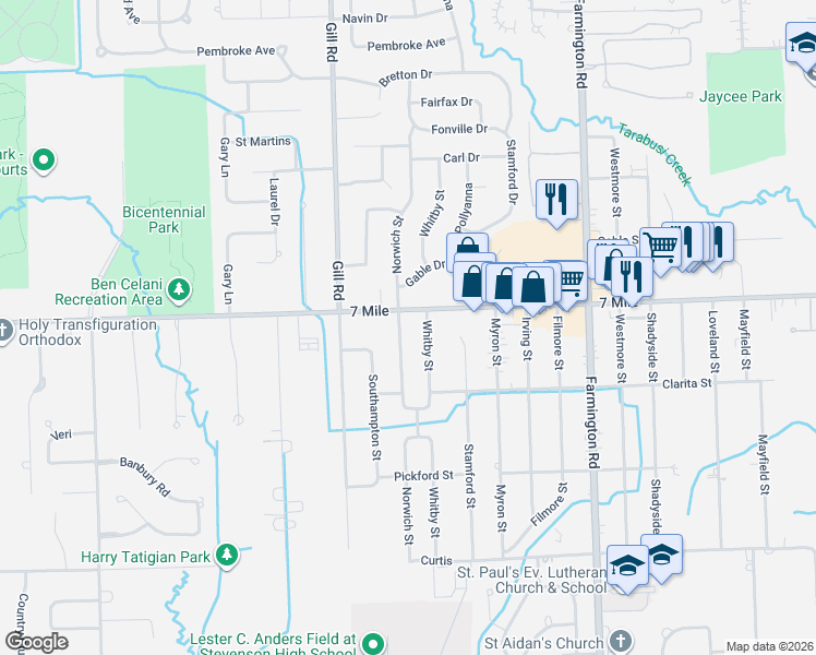 map of restaurants, bars, coffee shops, grocery stores, and more near 19066 Norwich Road in Livonia
