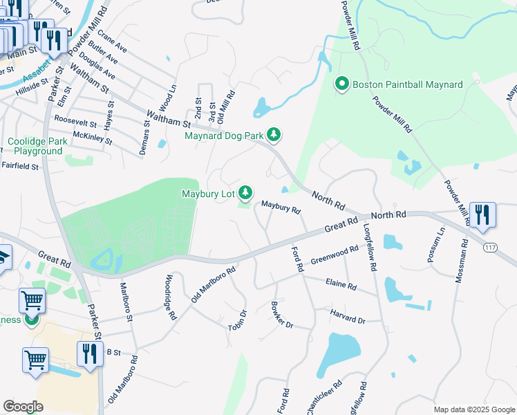 map of restaurants, bars, coffee shops, grocery stores, and more near 9 Maybury Road in Maynard