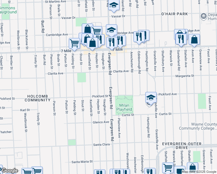 map of restaurants, bars, coffee shops, grocery stores, and more near 18510 Vaughan Street in Detroit