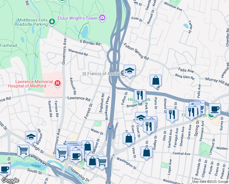 map of restaurants, bars, coffee shops, grocery stores, and more near Interstate 93 in Medford