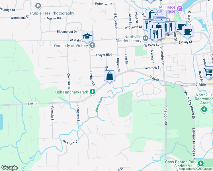 map of restaurants, bars, coffee shops, grocery stores, and more near 607 Fairbrook Street in Northville