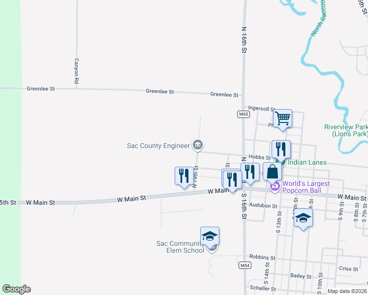 map of restaurants, bars, coffee shops, grocery stores, and more near 213 North 19th Street in Sac City