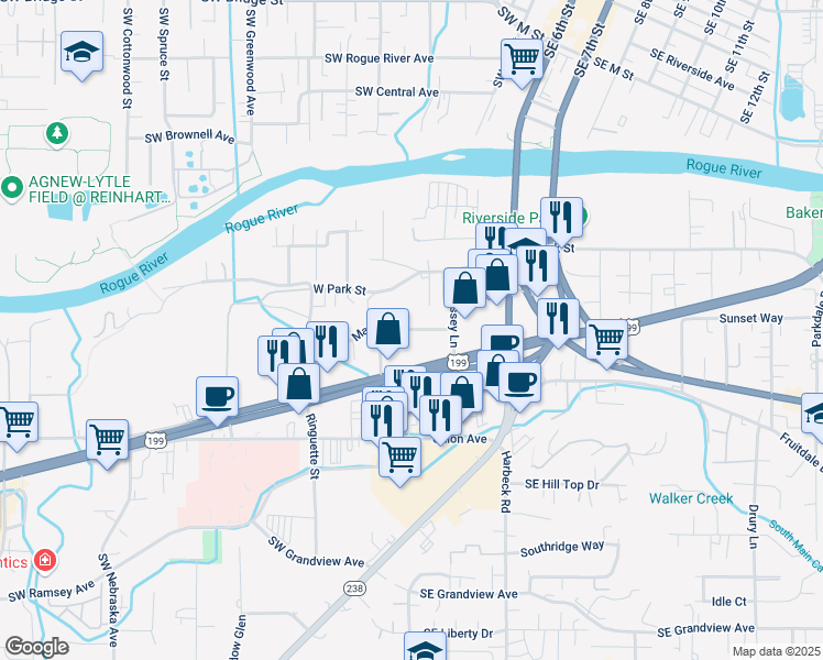 map of restaurants, bars, coffee shops, grocery stores, and more near 333 West Park Street in Grants Pass