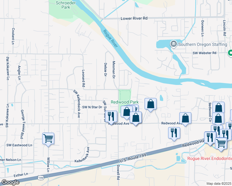 map of restaurants, bars, coffee shops, grocery stores, and more near 774 Mesman Drive in Grants Pass