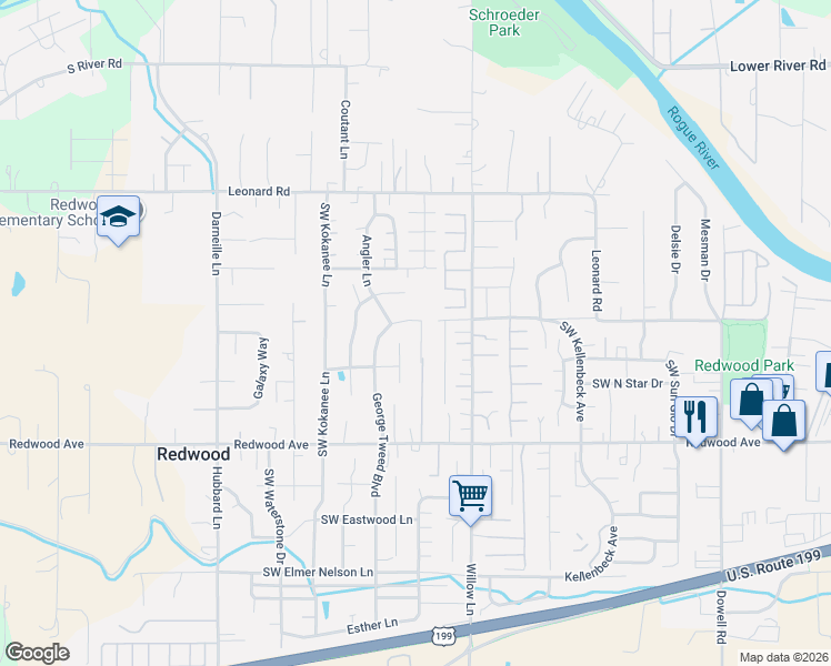 map of restaurants, bars, coffee shops, grocery stores, and more near 970 Abby Lane in Grants Pass