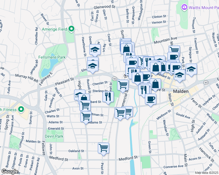 map of restaurants, bars, coffee shops, grocery stores, and more near 32 Pearl Street in Malden