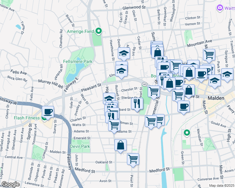 map of restaurants, bars, coffee shops, grocery stores, and more near 57 Chester Street in Malden
