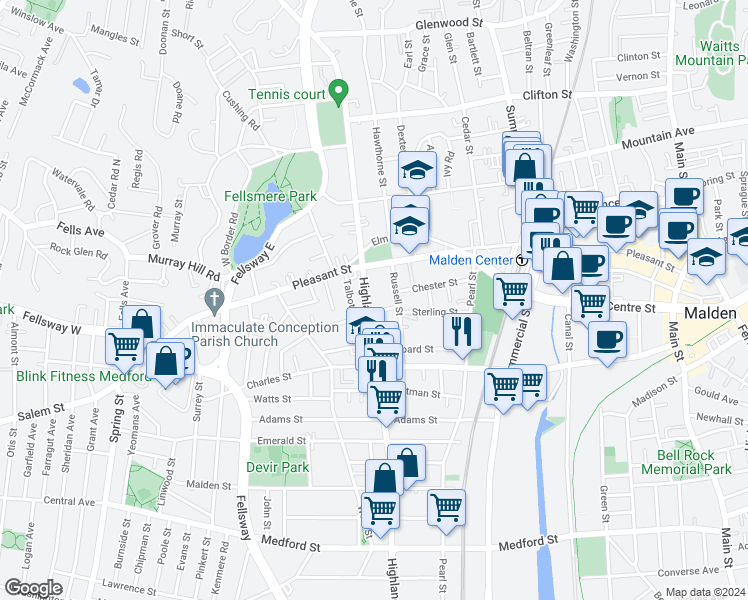 map of restaurants, bars, coffee shops, grocery stores, and more near in Malden