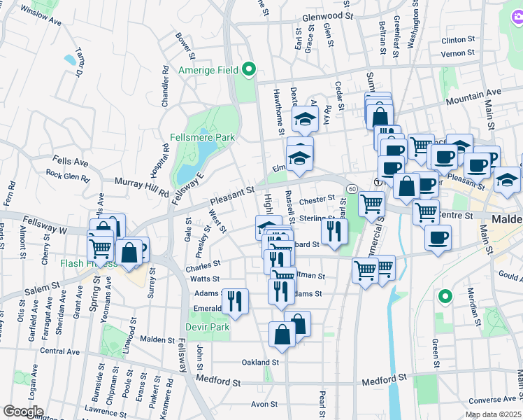 map of restaurants, bars, coffee shops, grocery stores, and more near 13 Talbot Street in Malden