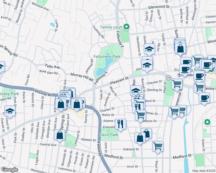 map of restaurants, bars, coffee shops, grocery stores, and more near 529 A Pleasant Street in Malden