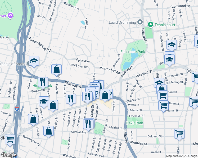 map of restaurants, bars, coffee shops, grocery stores, and more near 49 Fells Avenue in Medford